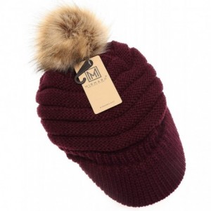 Skullies & Beanies Women's Soft Warm Ribbed Knit Visor Brim Pom Pom Beanie Hat with Plush Lining - Plum - CE18WGRDL6E $14.88