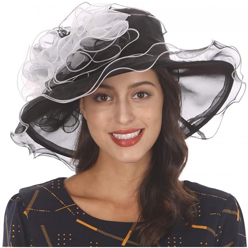 Sun Hats Ladies Wide Brim Organza Derby hat for Kentucky Derby Church Tea Party Wedding - S021-black/White - C718QAD92KL $20.23