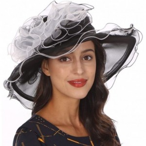 Sun Hats Ladies Wide Brim Organza Derby hat for Kentucky Derby Church Tea Party Wedding - S021-black/White - C718QAD92KL $20.23