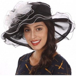 Sun Hats Ladies Wide Brim Organza Derby hat for Kentucky Derby Church Tea Party Wedding - S021-black/White - C718QAD92KL $20.23