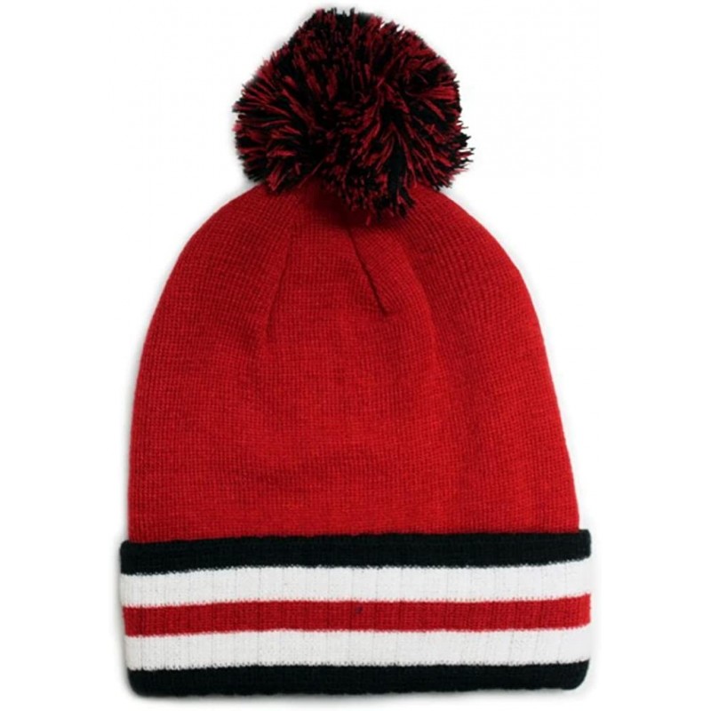 Skullies & Beanies Sk921 Plain Stripe Folding Pom Beanie Hat - Red/Black - CI11GRN4A9R $11.30