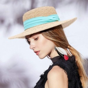 Sun Hats Women Straw Flat Top Boater Hat Braided Straw Wide Brim Summer Beach Cap Ribbon Straw Fedora Sun Hat - Beige 4 - CB1...