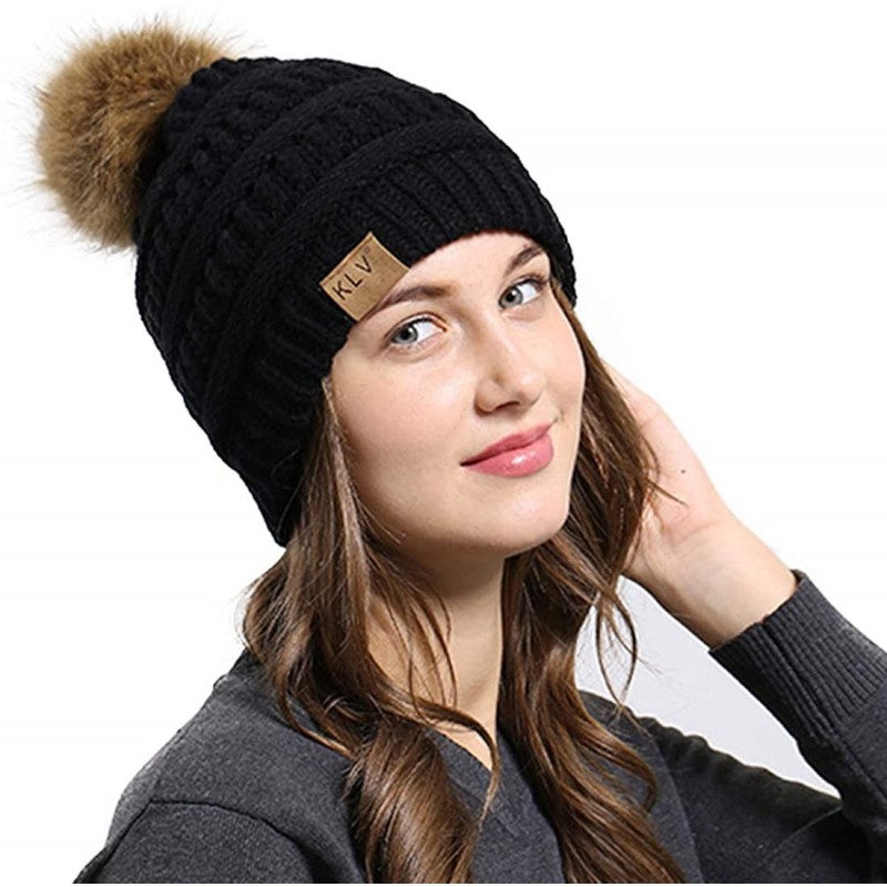 Skullies & Beanies Thick Warm Winter Beanie Hat Soft Stretch Slouchy Skully Knit Cap for Women - Pom-black - CO18HTU7TMS $12.14