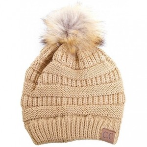 Skullies & Beanies Cable Knit Faux Fur Pom Pom Beanie Hat - Caramel - CU12M1RBUEV $12.62