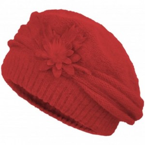 Berets Women's Winter Hat French Beret Solid Floral Decoration Knit Beanie Cap - Burgundy - CD188TUIQSO $14.54