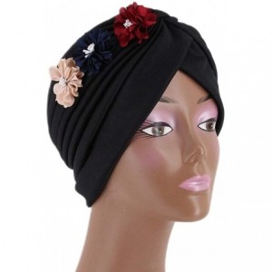 Skullies & Beanies Shiny Metallic Turban Cap Indian Pleated Headwrap Swami Hat Chemo Cap for Women - Black Flower - CV18Z62GI...
