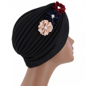 Skullies & Beanies Shiny Metallic Turban Cap Indian Pleated Headwrap Swami Hat Chemo Cap for Women - Black Flower - CV18Z62GI...
