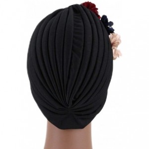 Skullies & Beanies Shiny Metallic Turban Cap Indian Pleated Headwrap Swami Hat Chemo Cap for Women - Black Flower - CV18Z62GI...