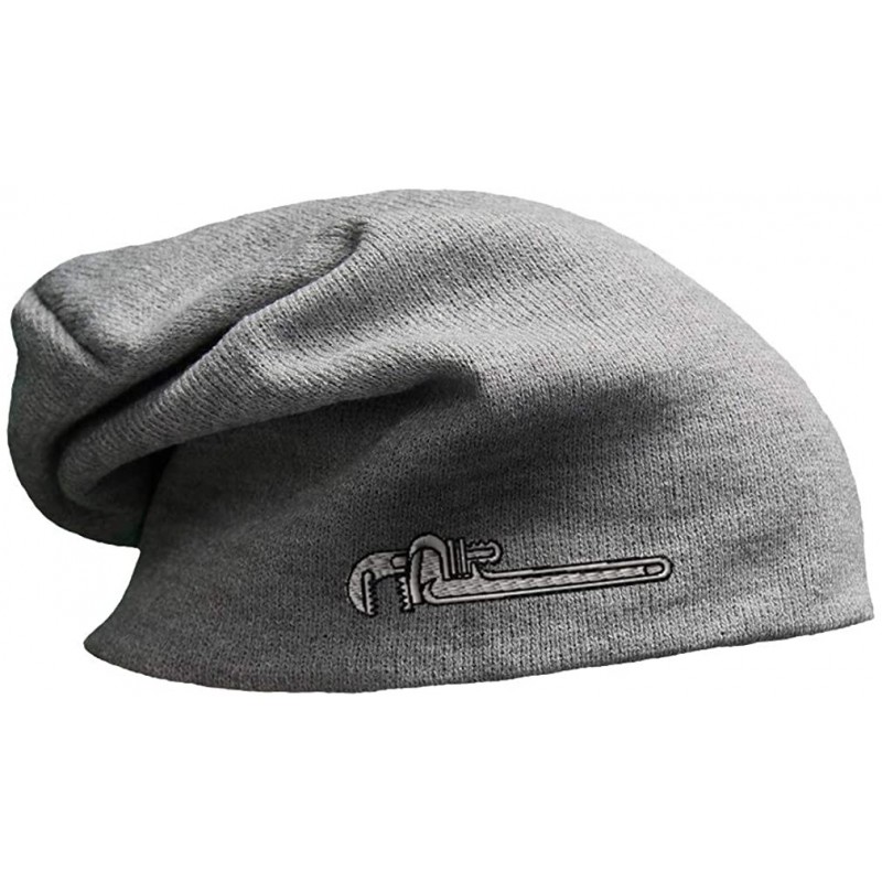 Skullies & Beanies Custom Slouchy Beanie Pipe Wrench Embroidery Skull Cap Hats for Men & Women - Light Grey - CQ18A588CTZ $14.44