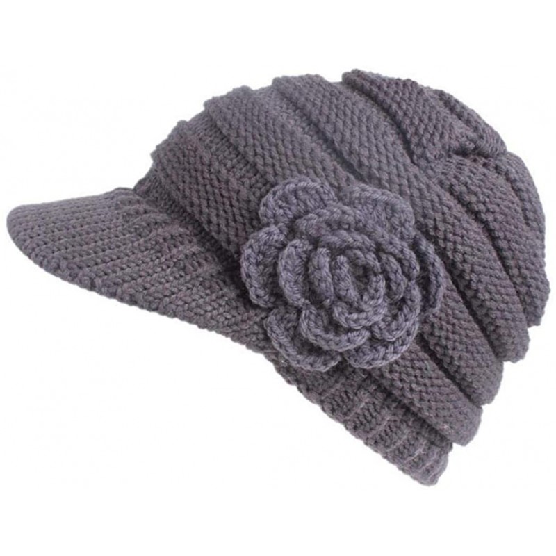 Skullies & Beanies Womens Hats Winter- Womens Winter Warm Floral Knitted Crochet Beanie Slouchy Wool Hat With Visor - Gray - ...