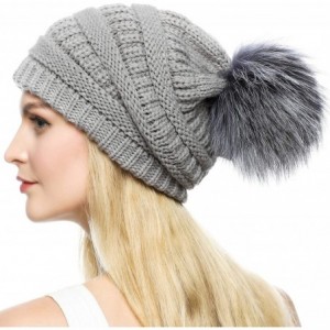 Skullies & Beanies Womens Girls Winter Knitted Slouchy Beanie Hat with Real Large Silver Fox Fur Pom Pom Hats - Slouch Light ...
