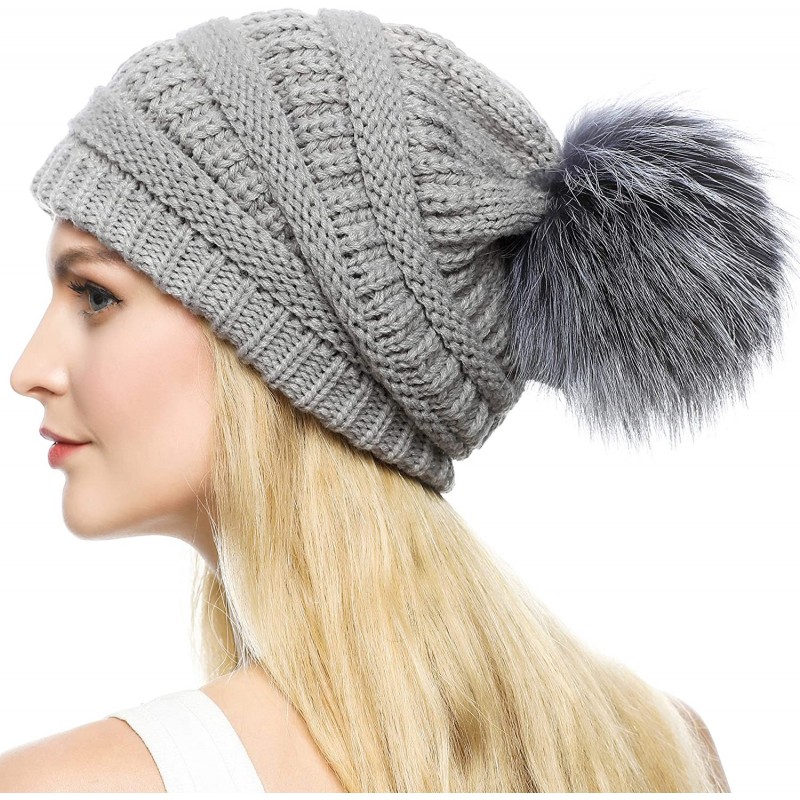 Skullies & Beanies Womens Girls Winter Knitted Slouchy Beanie Hat with Real Large Silver Fox Fur Pom Pom Hats - Slouch Light ...