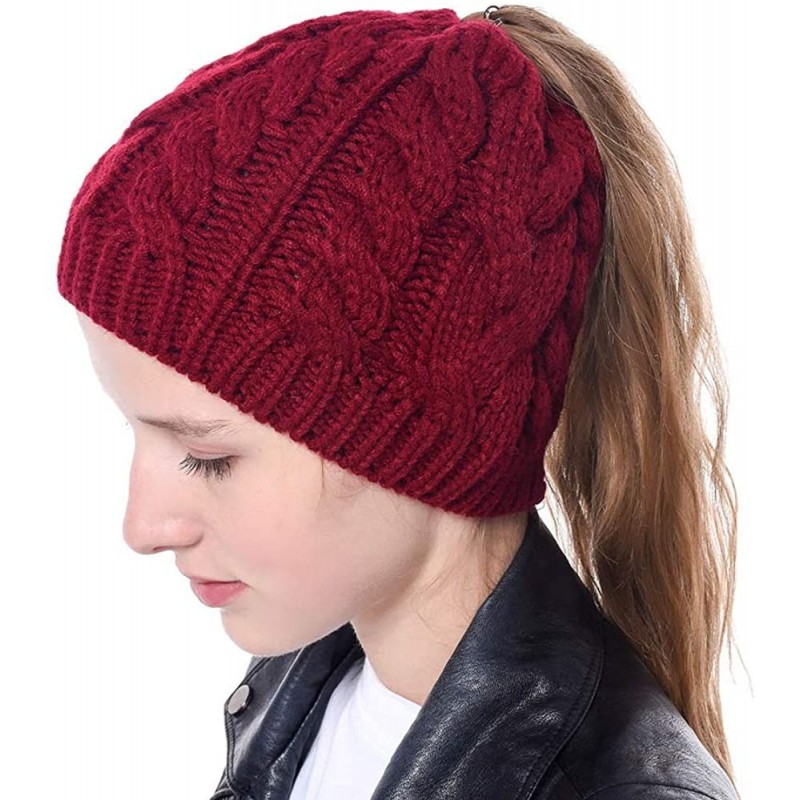 Skullies & Beanies Womens Ponytail Beanie Hat Soft Knit BeanieTail Warm Winter Knit Ribbed Slouchy BeanieTail Hats - Z-burgun...