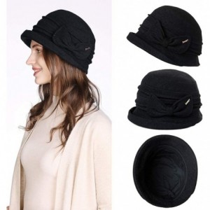 Bucket Hats Women Winter Wool Bucket Hat 1920s Vintage Cloche Bowler Hat with Bow/Flower Accent - 00769_black - C518YEM7W6T $...