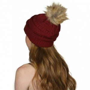 Skullies & Beanies Cable Knit Faux Fur Pom Pom Beanie Hat - Burgundy - CA12OCG6LB3 $16.41