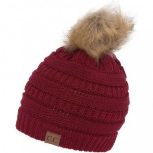 Skullies & Beanies Cable Knit Faux Fur Pom Pom Beanie Hat - Burgundy - CA12OCG6LB3 $16.41