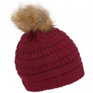 Skullies & Beanies Cable Knit Faux Fur Pom Pom Beanie Hat - Burgundy - CA12OCG6LB3 $16.41