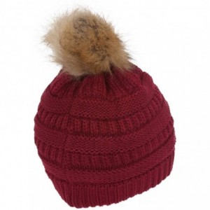 Skullies & Beanies Cable Knit Faux Fur Pom Pom Beanie Hat - Burgundy - CA12OCG6LB3 $16.41