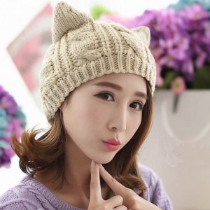 Berets Women Winter Wool Baggy Beret Beanie Cute Devil Cat Ear Crochet Braided Knit Hat Ski Cap - Beige - C312L55UTMJ $13.52