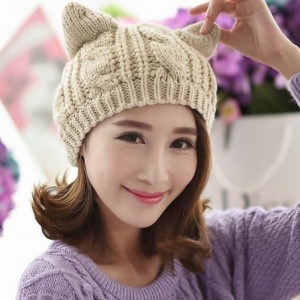 Berets Women Winter Wool Baggy Beret Beanie Cute Devil Cat Ear Crochet Braided Knit Hat Ski Cap - Beige - C312L55UTMJ $13.52