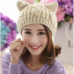Berets Women Winter Wool Baggy Beret Beanie Cute Devil Cat Ear Crochet Braided Knit Hat Ski Cap - Beige - C312L55UTMJ $13.52