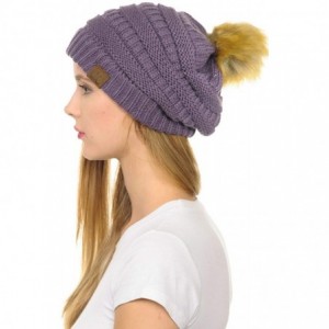 Skullies & Beanies Hat-43 Thick Warm Cap Hat Skully Faux Fur Pom Pom Cable Knit Beanie - Violet - CR18X9YLK9X $11.58