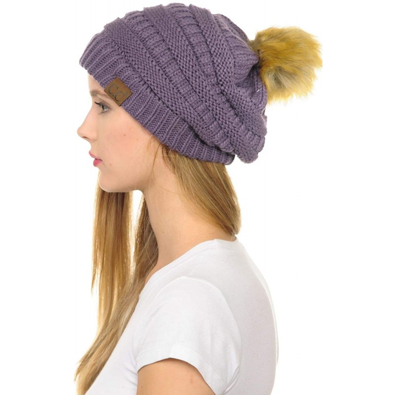 Skullies & Beanies Hat-43 Thick Warm Cap Hat Skully Faux Fur Pom Pom Cable Knit Beanie - Violet - CR18X9YLK9X $11.58