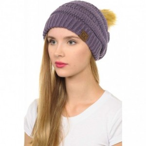 Skullies & Beanies Hat-43 Thick Warm Cap Hat Skully Faux Fur Pom Pom Cable Knit Beanie - Violet - CR18X9YLK9X $11.58