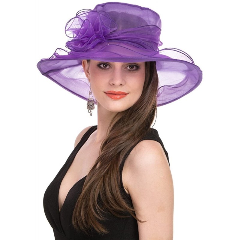 Sun Hats Women Kentucky Derby Church Beach Fascinators Hat Wide Floral Brim Flat Hat with Bowknot - Purple - CJ189XOSDO6 $14.96