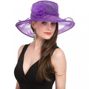 Sun Hats Women Kentucky Derby Church Beach Fascinators Hat Wide Floral Brim Flat Hat with Bowknot - Purple - CJ189XOSDO6 $14.96