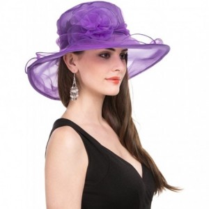 Sun Hats Women Kentucky Derby Church Beach Fascinators Hat Wide Floral Brim Flat Hat with Bowknot - Purple - CJ189XOSDO6 $14.96