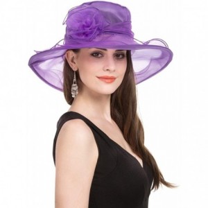 Sun Hats Women Kentucky Derby Church Beach Fascinators Hat Wide Floral Brim Flat Hat with Bowknot - Purple - CJ189XOSDO6 $14.96