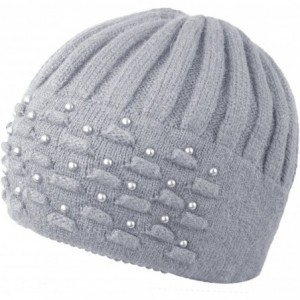 Skullies & Beanies Women's Angora Blend Beanie Hat - Dual Layer Pearl Accent Edge - Gray - C212MYANODD $19.70