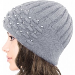 Skullies & Beanies Women's Angora Blend Beanie Hat - Dual Layer Pearl Accent Edge - Gray - C212MYANODD $19.70