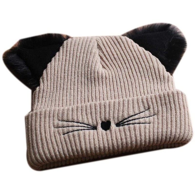 Skullies & Beanies Women Double Cat Ears Winter Casual Warm Cute Knitted Beanie Hats Hats & Caps - Khaki - CZ18Z0YGSSR $13.81