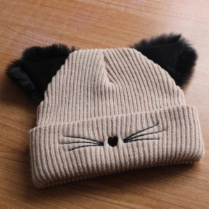 Skullies & Beanies Women Double Cat Ears Winter Casual Warm Cute Knitted Beanie Hats Hats & Caps - Khaki - CZ18Z0YGSSR $13.81