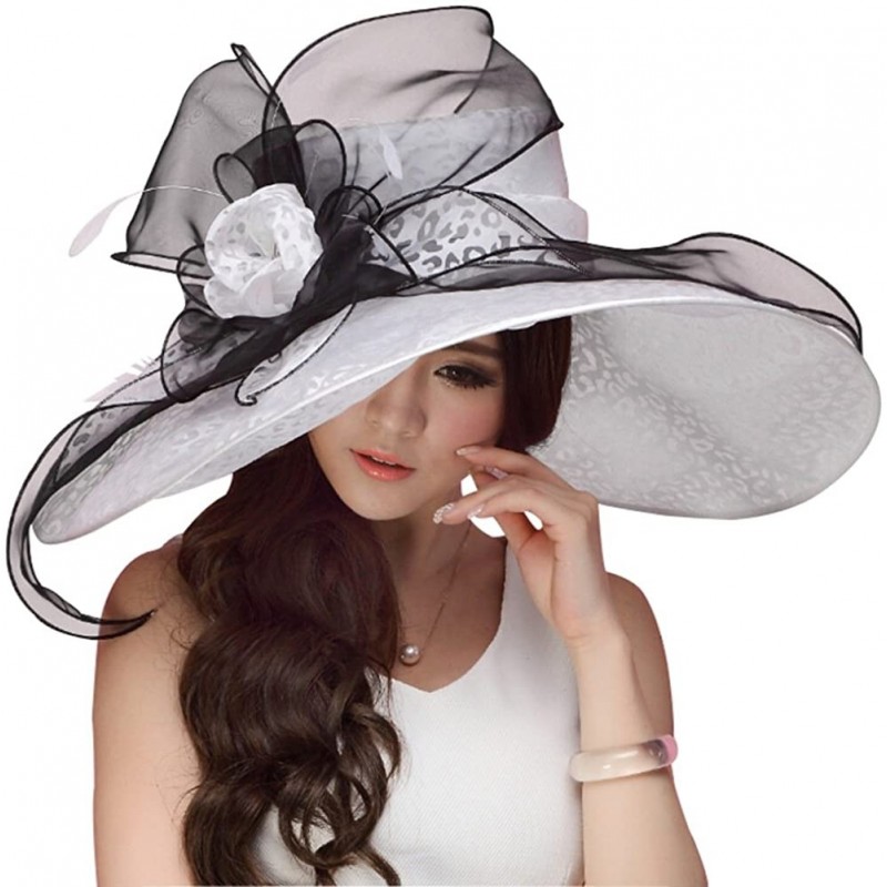 Sun Hats Women Hats Summer Big Hat Wide Brim Top Flower White Black - White Hat - CM11U8JRDFZ $36.09