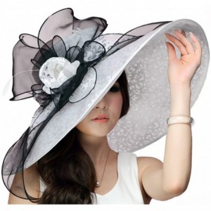 Sun Hats Women Hats Summer Big Hat Wide Brim Top Flower White Black - White Hat - CM11U8JRDFZ $36.09