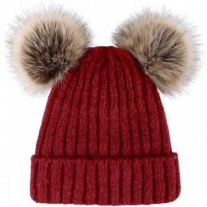 Skullies & Beanies Womens Beanie Winter Cable Knit Faux Fur Pompom Ears Beanie Hat - A_burgundy - CX18E3CG2A7 $26.91