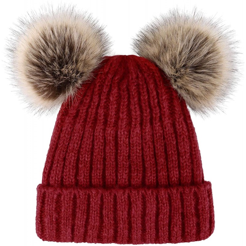Skullies & Beanies Womens Beanie Winter Cable Knit Faux Fur Pompom Ears Beanie Hat - A_burgundy - CX18E3CG2A7 $16.78