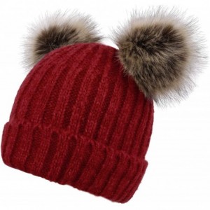 Skullies & Beanies Womens Beanie Winter Cable Knit Faux Fur Pompom Ears Beanie Hat - A_burgundy - CX18E3CG2A7 $16.78