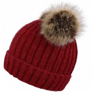 Skullies & Beanies Womens Beanie Winter Cable Knit Faux Fur Pompom Ears Beanie Hat - A_burgundy - CX18E3CG2A7 $16.78