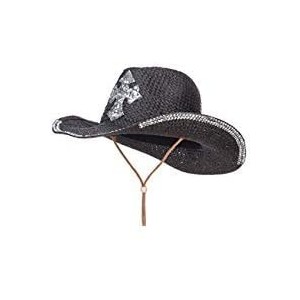 Cowboy Hats Cross Design Stones Straw Cowboy Hat - Black - CD12CX1K7OJ $85.31