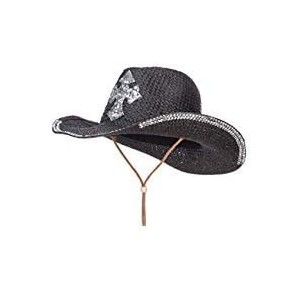 Cowboy Hats Cross Design Stones Straw Cowboy Hat - Black - CD12CX1K7OJ $43.60