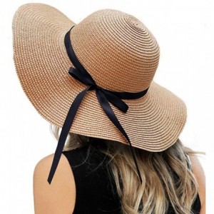 Sun Hats Womens Floppy Summer Sun Beach Straw Hat- Foldable Wide Brim Hats with Bowknot UPF50 - B01-1pack-khaki - CF18SCZ6H6L...
