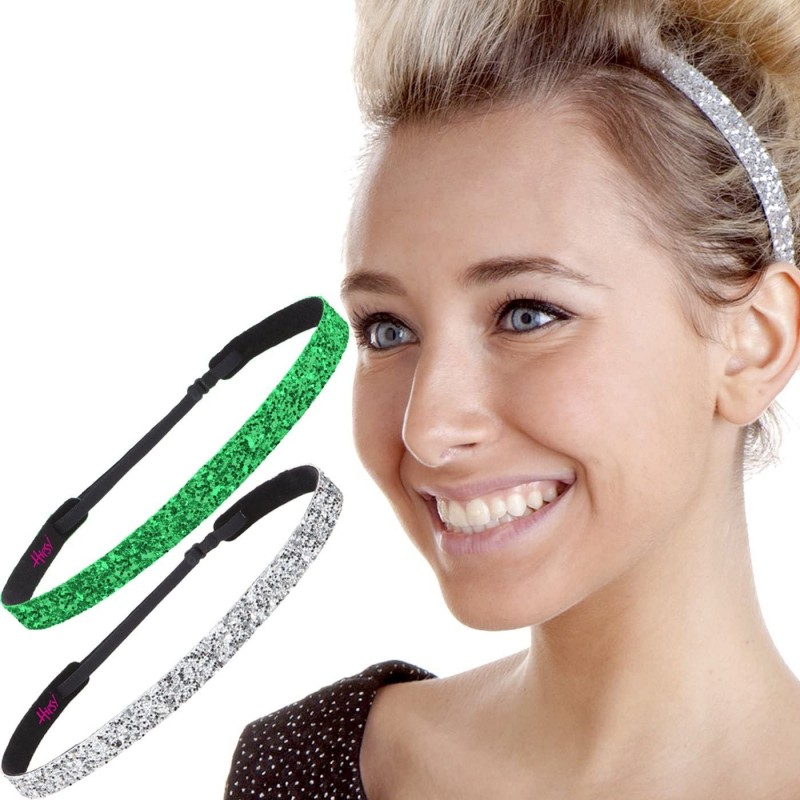 Headbands 2pk Women's Adjustable Non Slip Skinny Bling Glitter Headband Silver Duo Pack - Silver & Emerald Green - CL11RV4TA5...