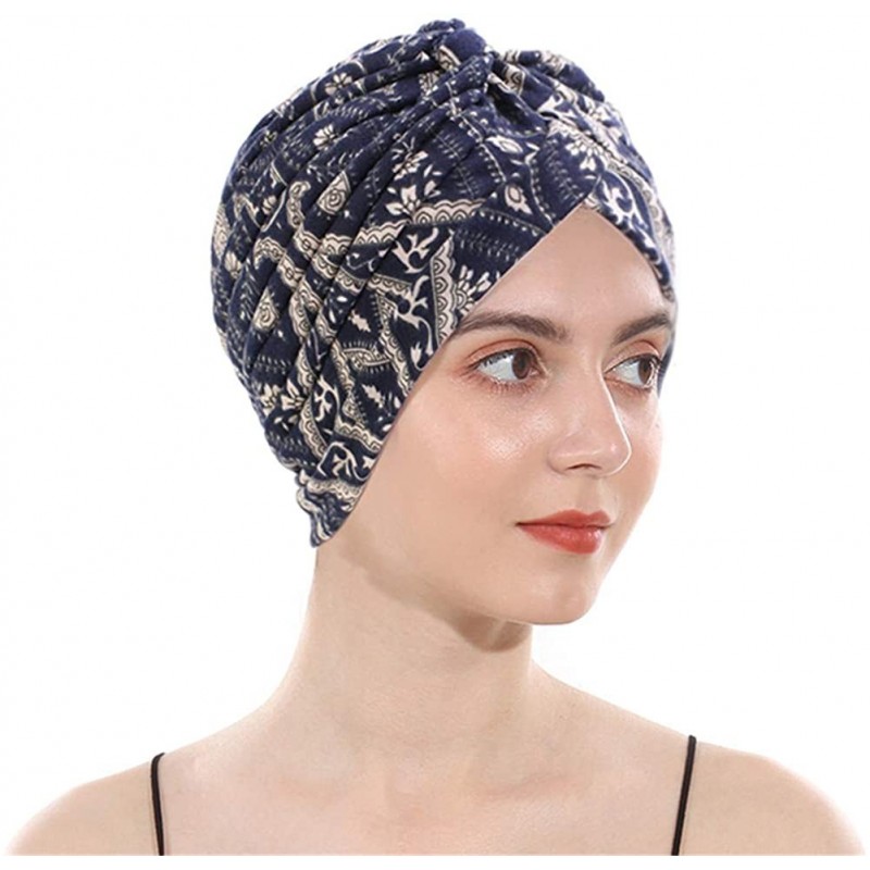 Skullies & Beanies Women's Cotton Turban Elastic Beanie Printing Sleep Bonnet Chemo Cap Hair Loss Hat - Navy002 - CX196OTYCD2...