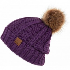 Skullies & Beanies Exclusives Fuzzy Lined Knit Fur Pom Beanie Hat (YJ-820) - Purple - CF18SLZ4GEG $37.55