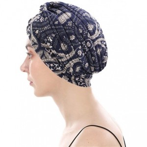 Skullies & Beanies Women's Cotton Turban Elastic Beanie Printing Sleep Bonnet Chemo Cap Hair Loss Hat - Navy002 - CX196OTYCD2...