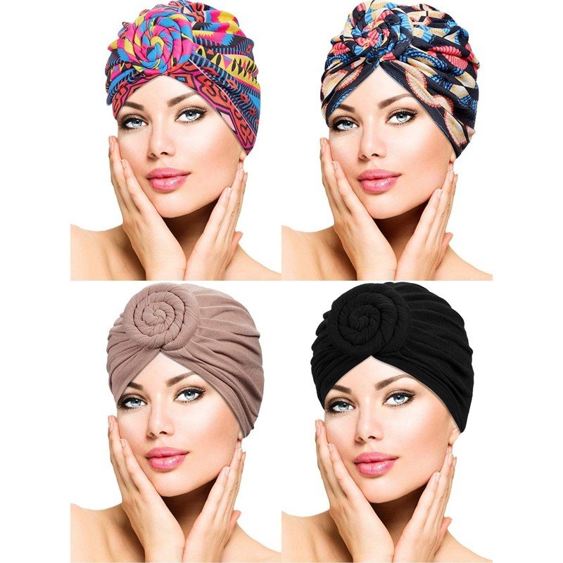 Skullies & Beanies 4 Pieces Turban Flower Head Wrap Beanie Scarf Cap Hair Loss Hat for Men and Women (Style 5) - CZ18AZUZUAM ...